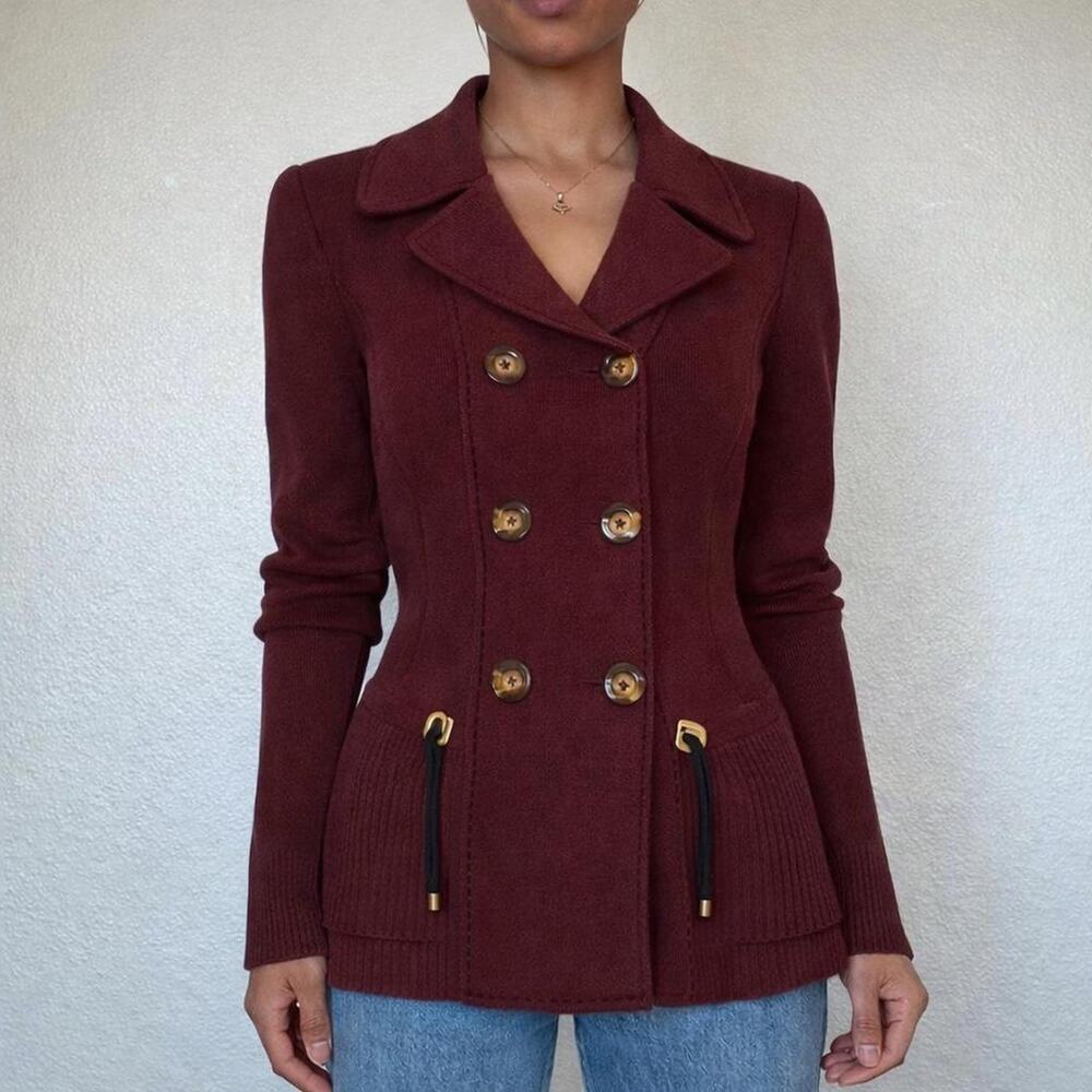 Vintage 100% Wool Burgundy European Double Breasted Blazer Jacket Size XS Luxury